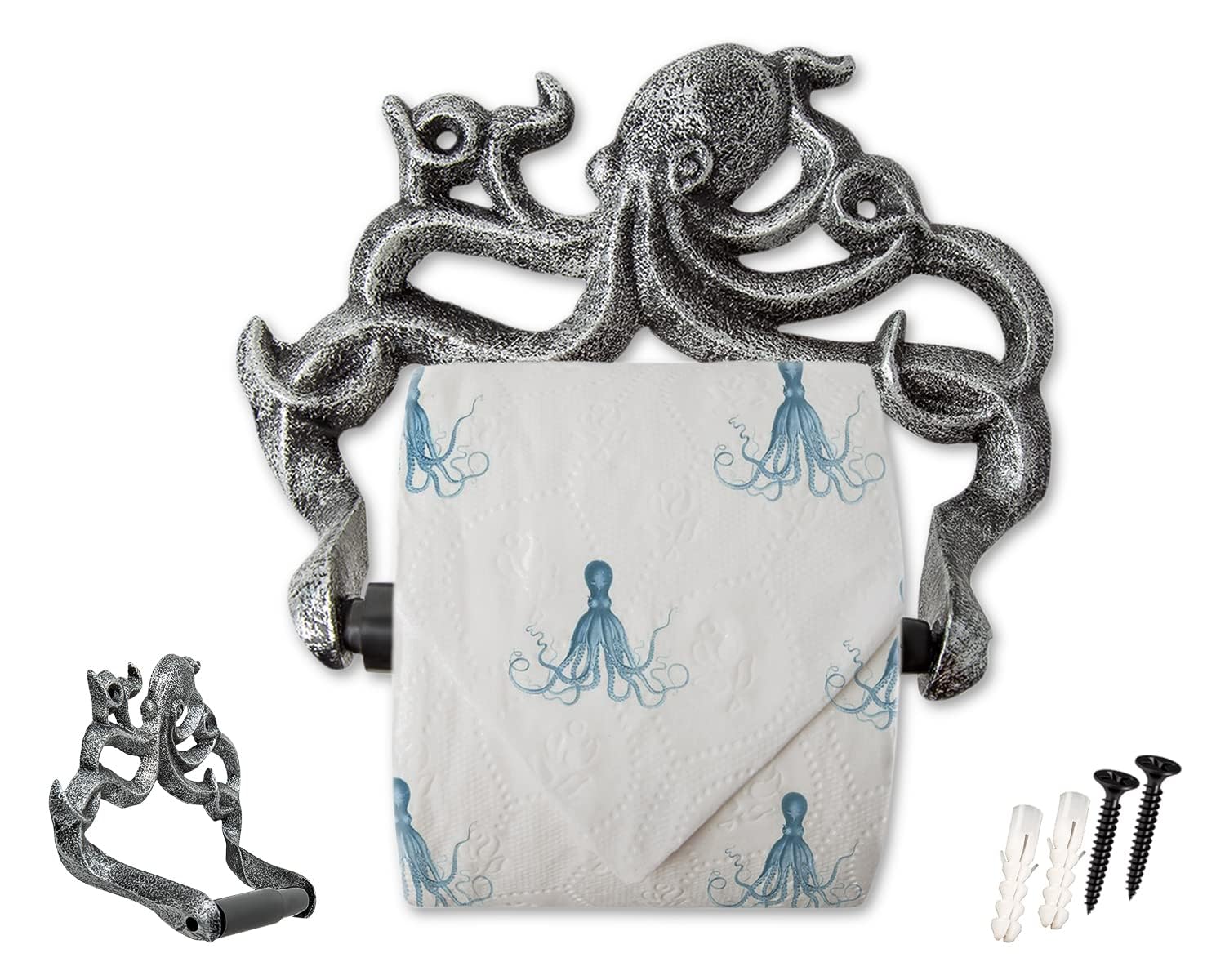 Cast Iron Octopus Toilet Paper Roll Holder - Nautical Bathroom Decor - Easy Installation - Silver & Black