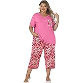 YOPUGEE Womens Modal Plus Size Pajamas Capri Pajama Sets Soft Pjs V Neck Shirt Printed Capri Pants With Drawstring S-3XL