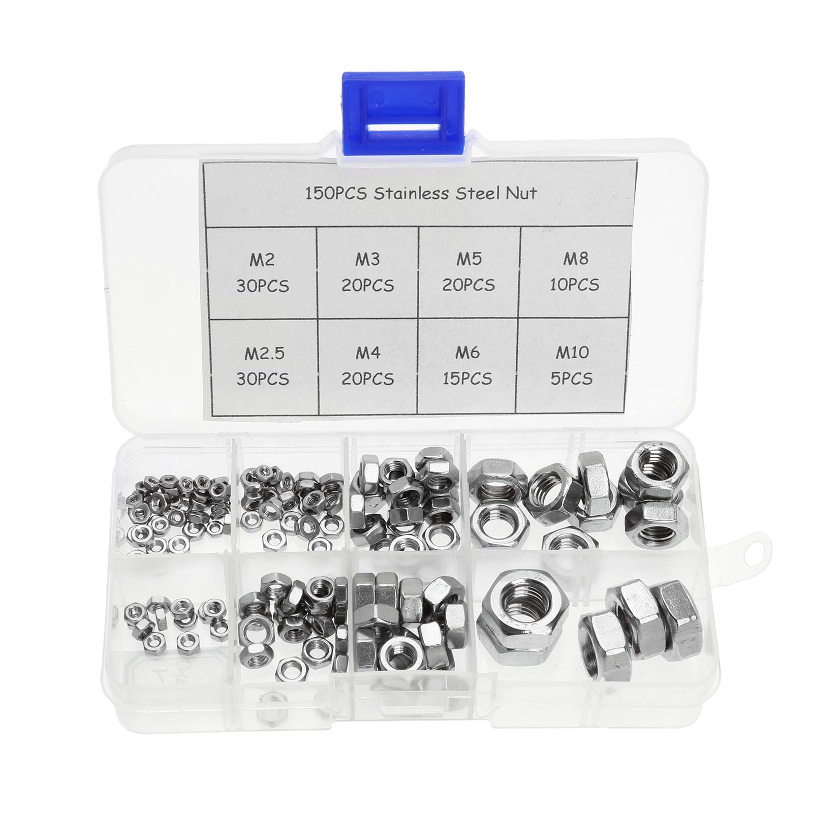 Mtsooning 150PCS Locknut Assortment,Stainless Steel Hex Lock Nuts,Thread Hexagon Nuts with Box for Lock Washers Bolts Screws Components M2/M2.5/M3/M4/M5/M6/M8/M10