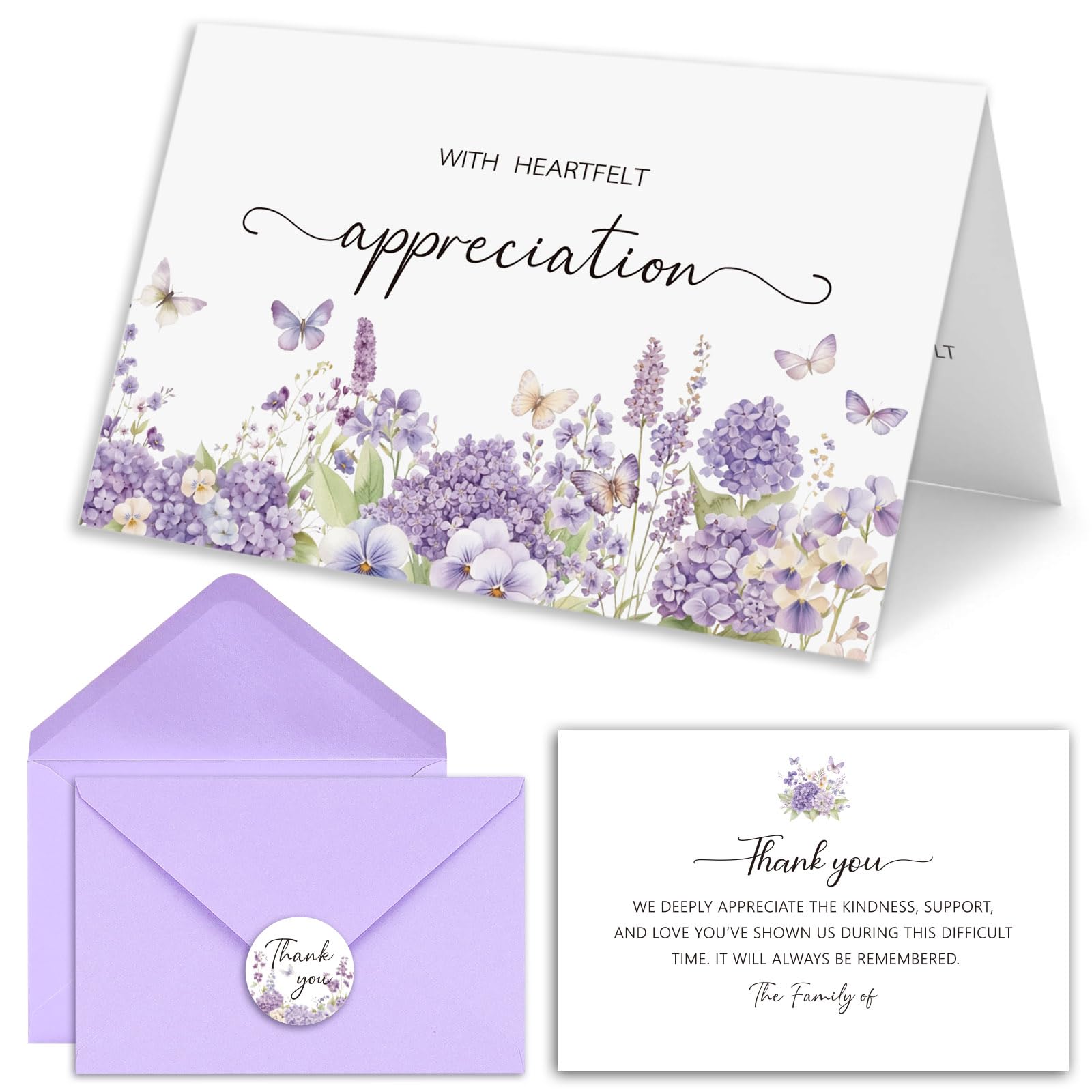 Photo 1 of HiABNRT 25Pcs Funeral Thank You Cards with Envelopes, Purple Watercolor Butterfly Floral Design Message Inside 4x6In Sympathy Thank You Card for Funeral Bereavement