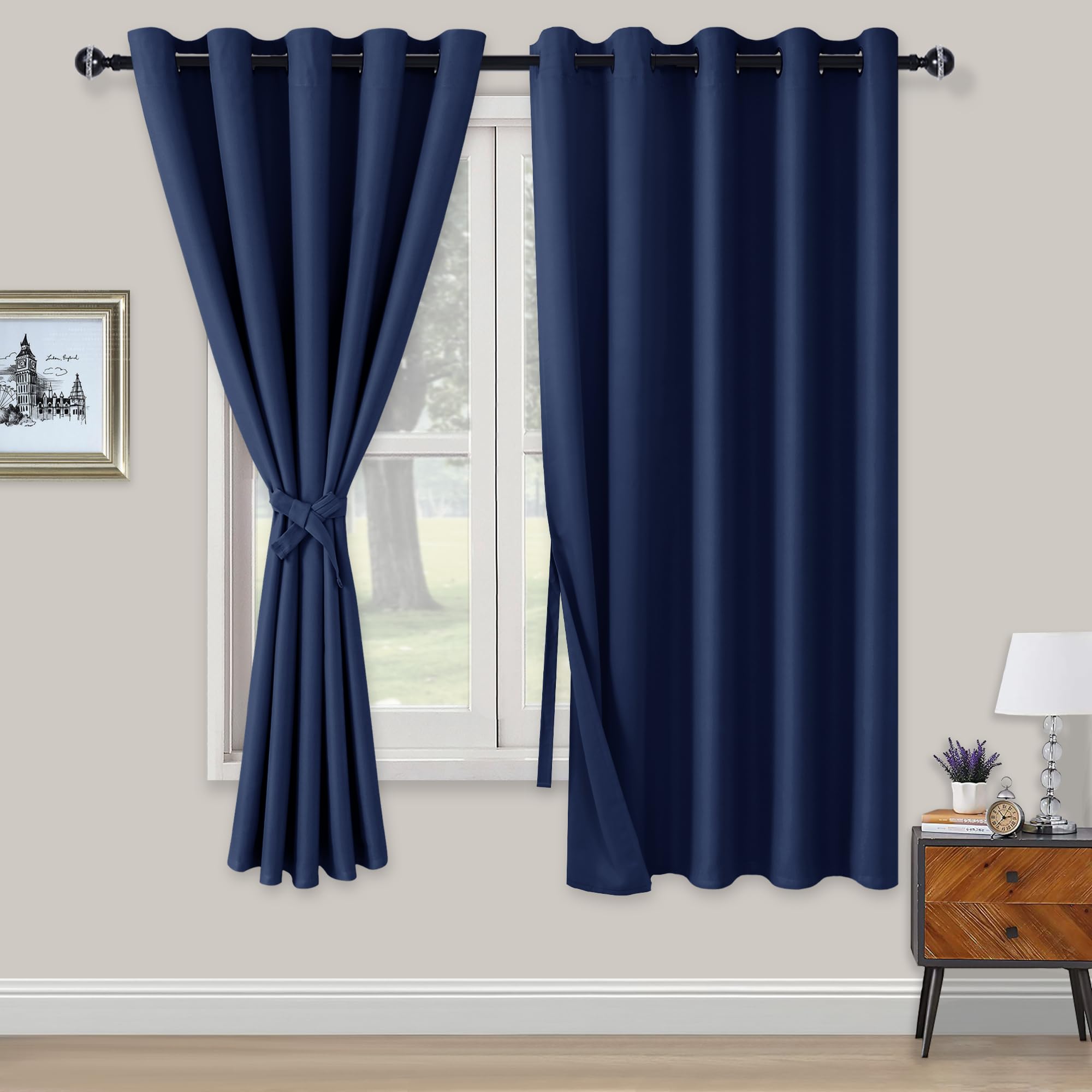 XWZO Blackout Curtains Shades Window Curtain Panels with Tiebacks- Noise Reduction and Thermal Insulated Eyelet Curtains for Bedroom,Living Room,Office,Study Room Navy W66xL72