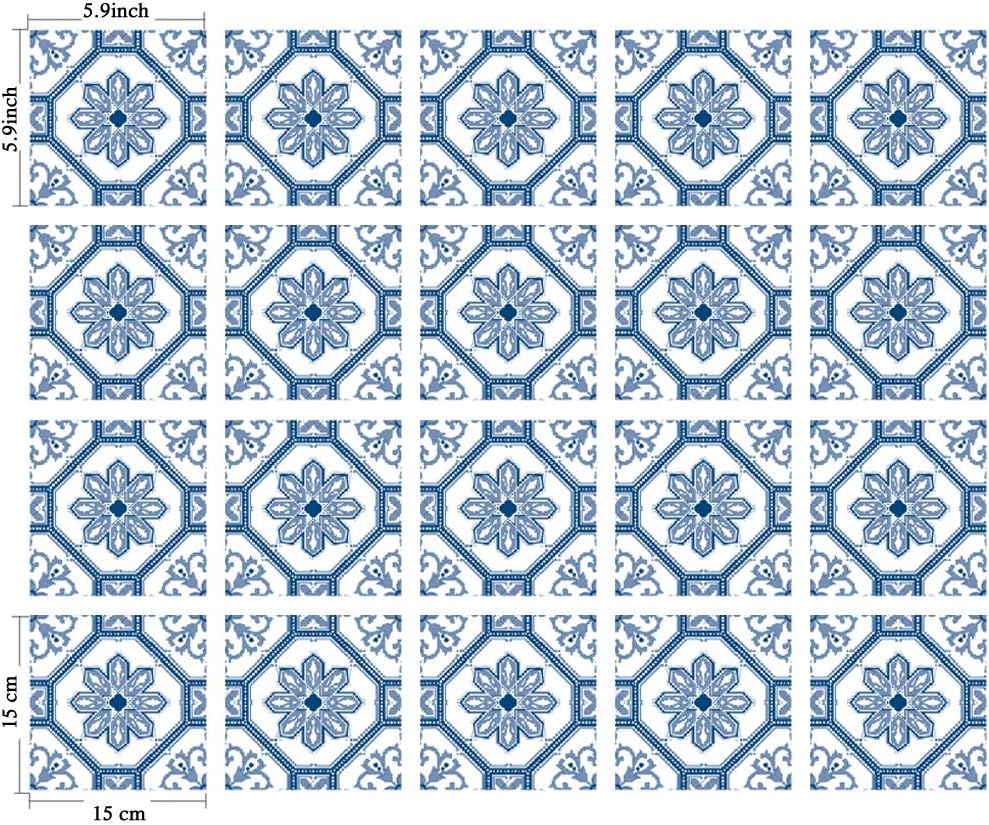 POROMORO Spanish Portuguese Azulejo Style Backsplash Peel and Stick Tile Stickers Set of 20 pcs(5.9_L)