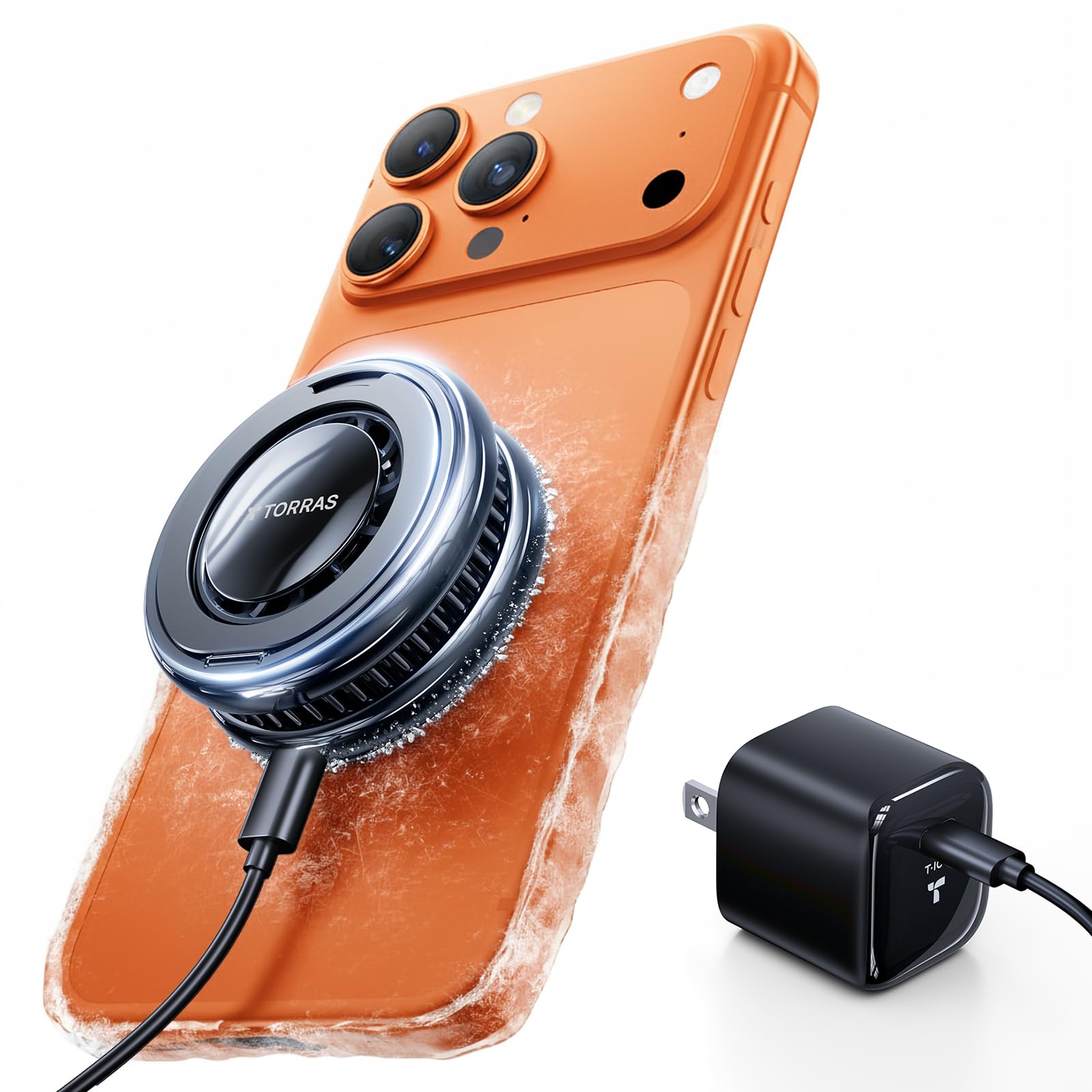 Photo 1 of TORRAS PolarCircle Qi2.2 Wireless Charger, 25W Cooling Magnetic Pad for iPhone 17/16, Wireless Charger for Samsung Galaxy S25/S24 with 360°Spin Stand, Semiconductor Game Cooler, with 45W IceNano Plug