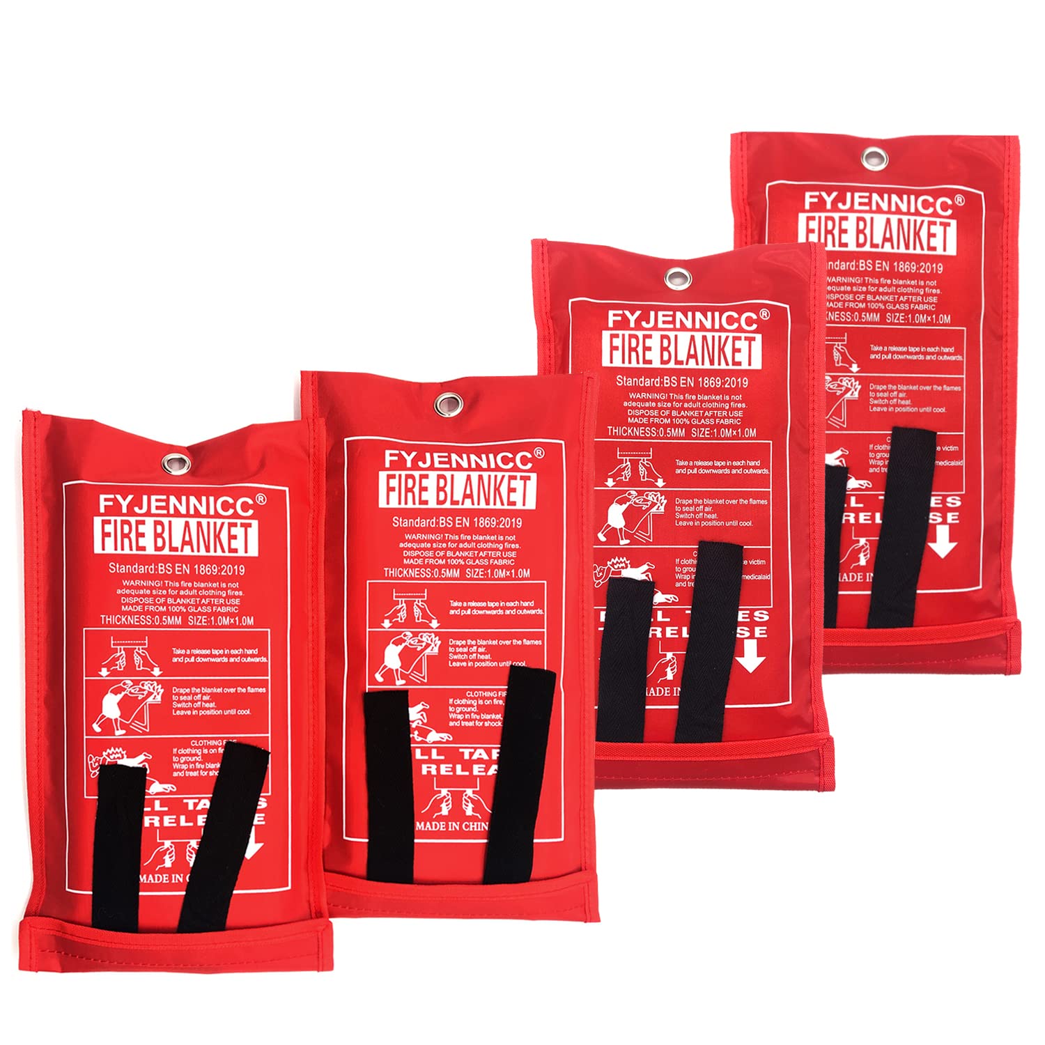 FYJENNICC Fiberglass Fire Blanket with Flame-retardant cotton tapes,39.3×39.3 Inches, 4Pack