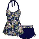 Rosegal Women Plus Size Goth Two Piece Tankini Set Skull Rose Flower Halter Swimsuits