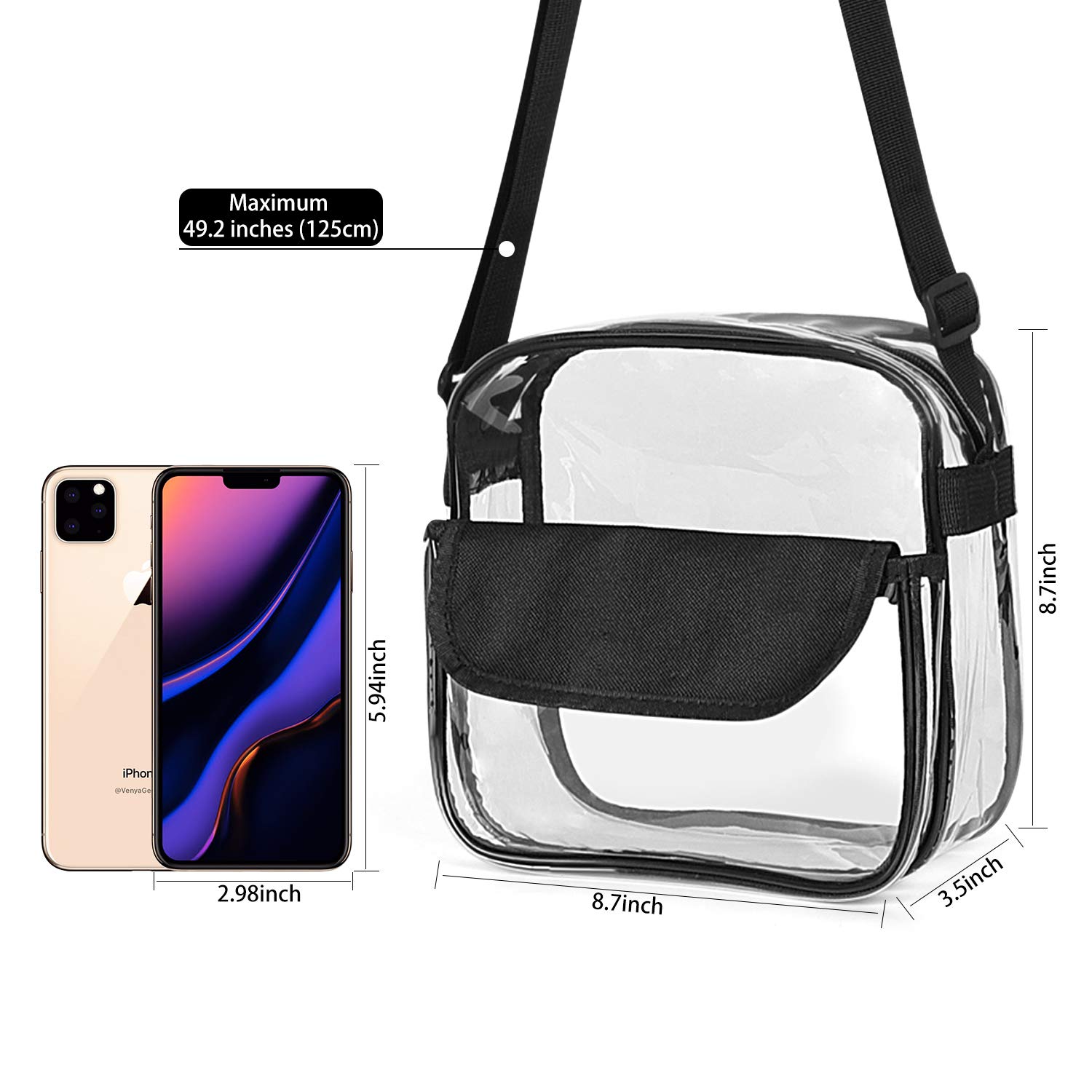 XquiziFit Clear Crossbody Bag NFL Stadium Approved Clear Bag with Adjustable Shoulder Strap and Wrist Strap for Work, Sports Games and Concert