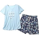 Lu's Chic Women's Cute Graphic Pajamas Set Cotton Blend Sleepwear Cartoon Short Sleeve Tee Shorts