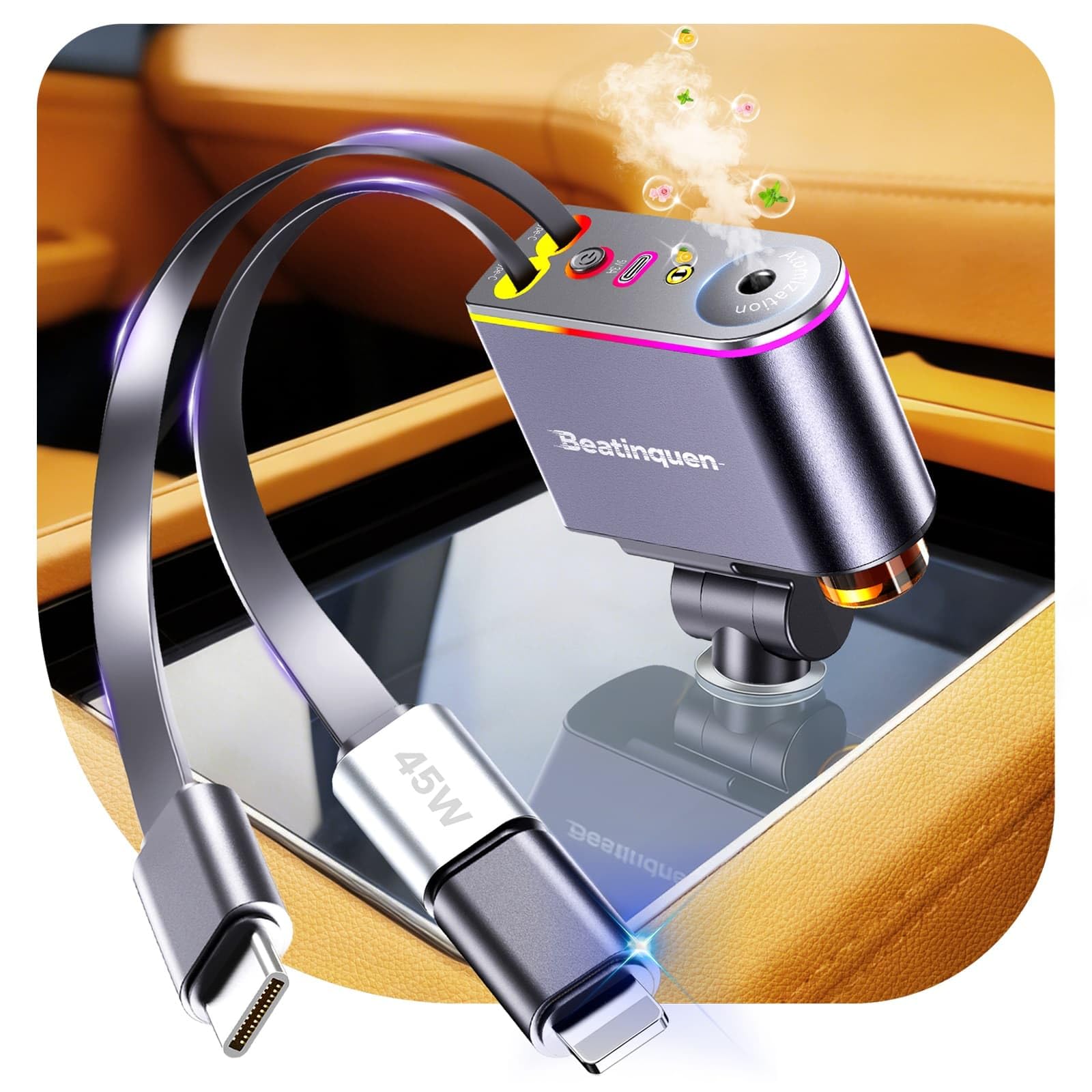【2026 Upgrade】 5 in 1 Retractable Car Charger USB C - Fast Charging Retractable Car Phone Charger with Car Air Freshener Diffuser - 66W Cigarette Lighter Adapter USB-C/Type-C for iPhone17/16/15/14