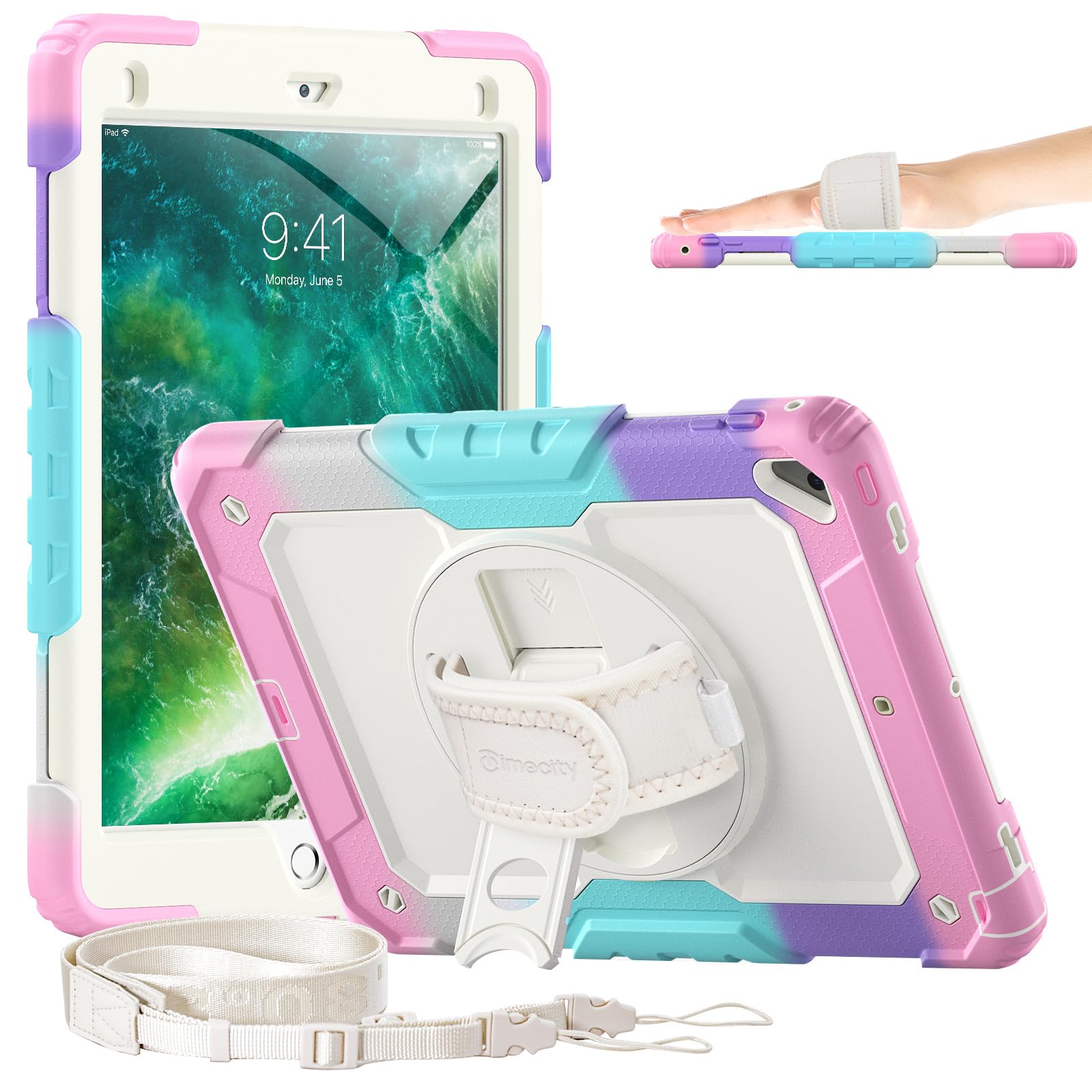 Timecity Case for iPad 6th Generation Case, iPad 5th Gen Case, iPad Air 2 Case, iPad Pro 9.7 Case, iPad 9.7 case,Heavy Duty ShockProof Cover with Screen Protector, KickStand, Hand Strap, Pink (Camo)