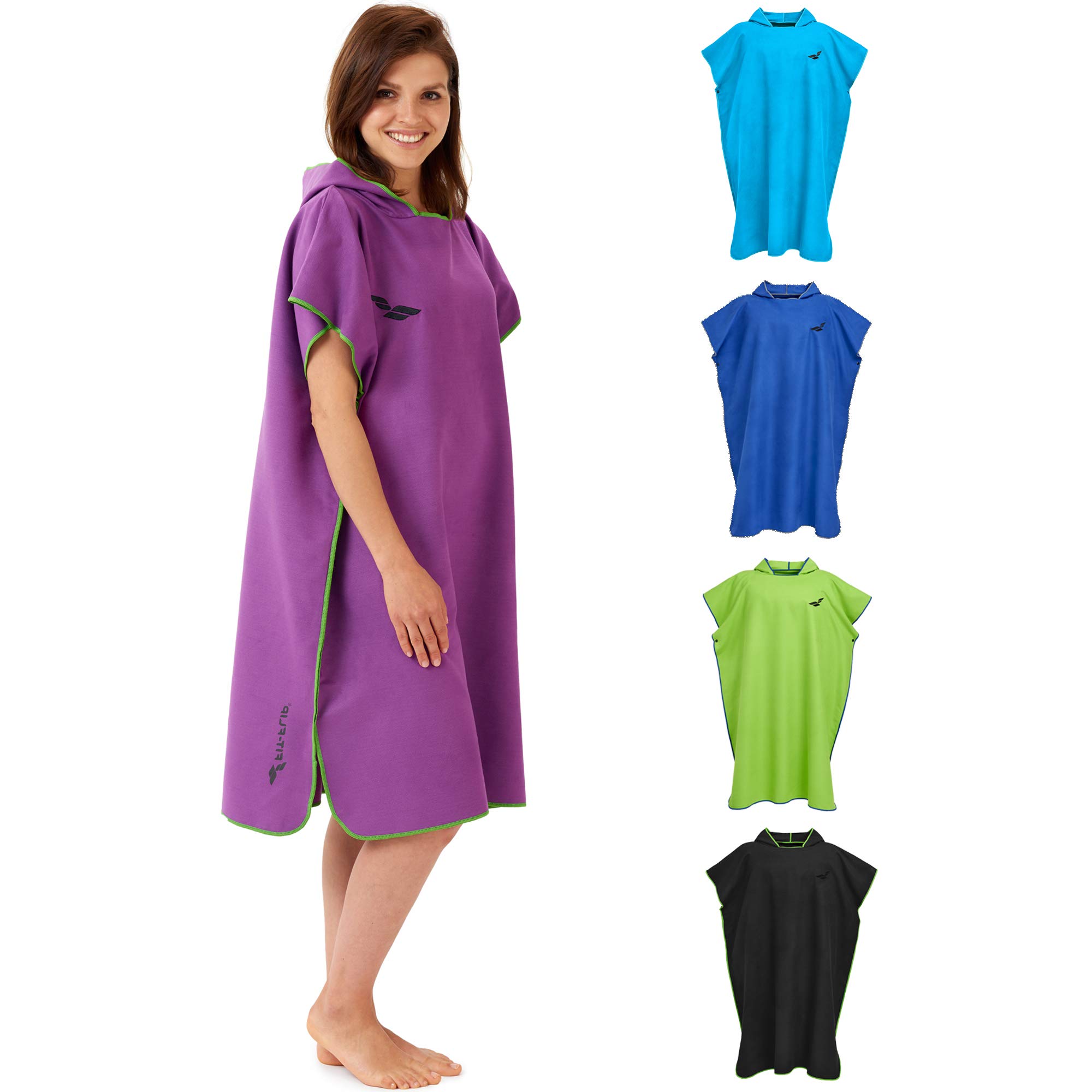 Fit-Flip Poncho Towel - Microfibre Changing Robe Adult - Swim and Surf Beach Robes - Quick Dry Hooded Swimming Towel for Men and Women - size M, Purple-Green