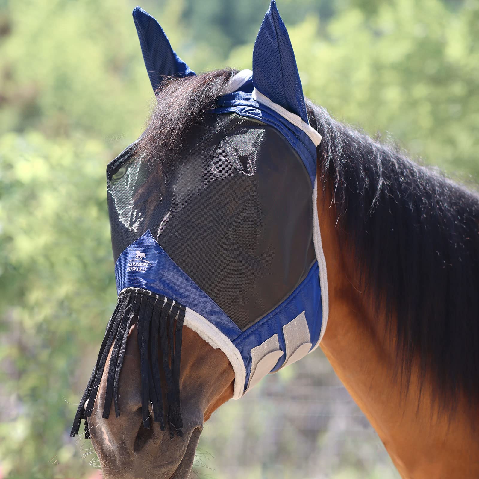 Harrison Howard CareMaster Horse Fly Mask with Ears and Nose Fringe Fly Protector Defender Mask Signature Blue Full Size
