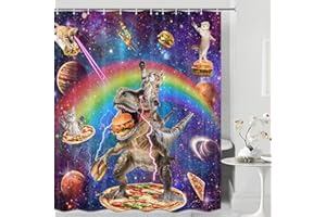 COVEIMES Funny Cat Shower Curtain for Kids Bathroom, Cool Cat Riding Dinosaur on Fantasy Outer Space Galaxy Planet with Burger Pizza Fast Food Rainbow Anime Hilarious Alien for Boys Girls Restroom Decor