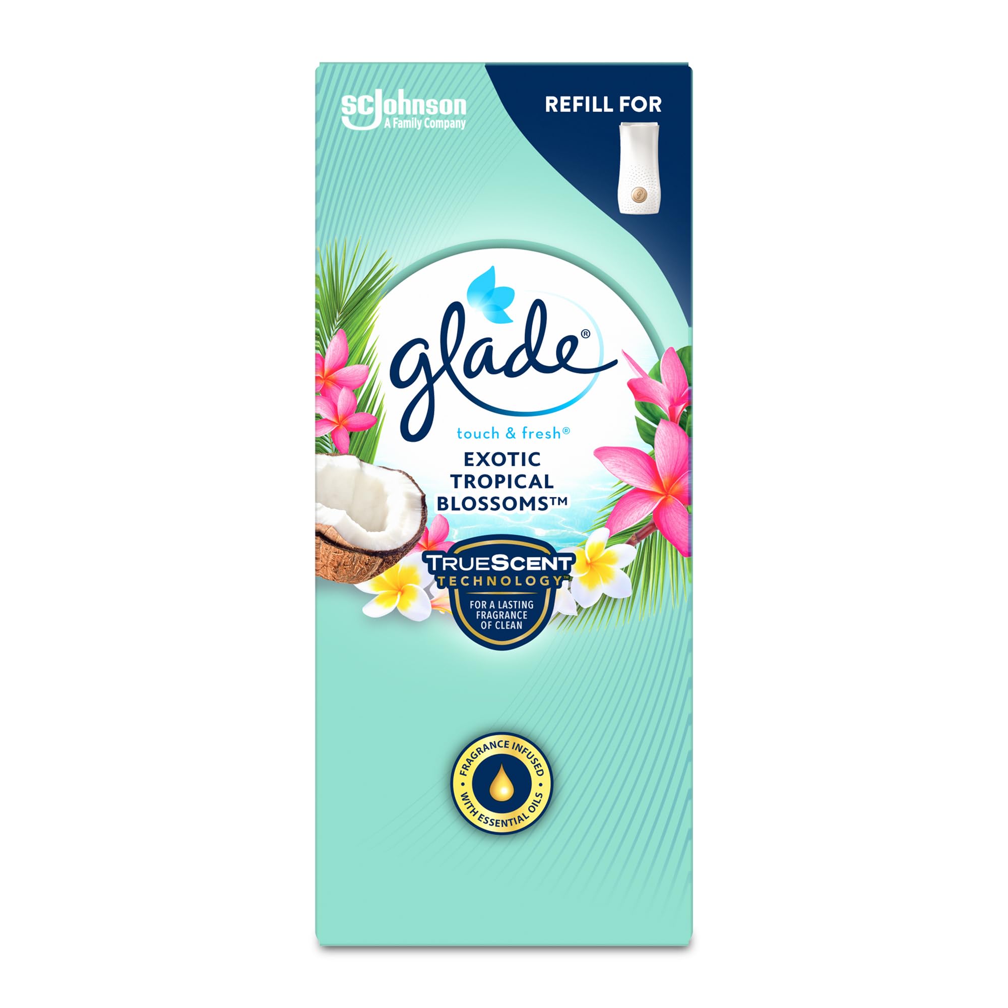 Glade Touch & Fresh Air Freshener Refill, Touch Activated Odour Eliminator for Bathroom & Home,Tropical Blossoms, 10ml