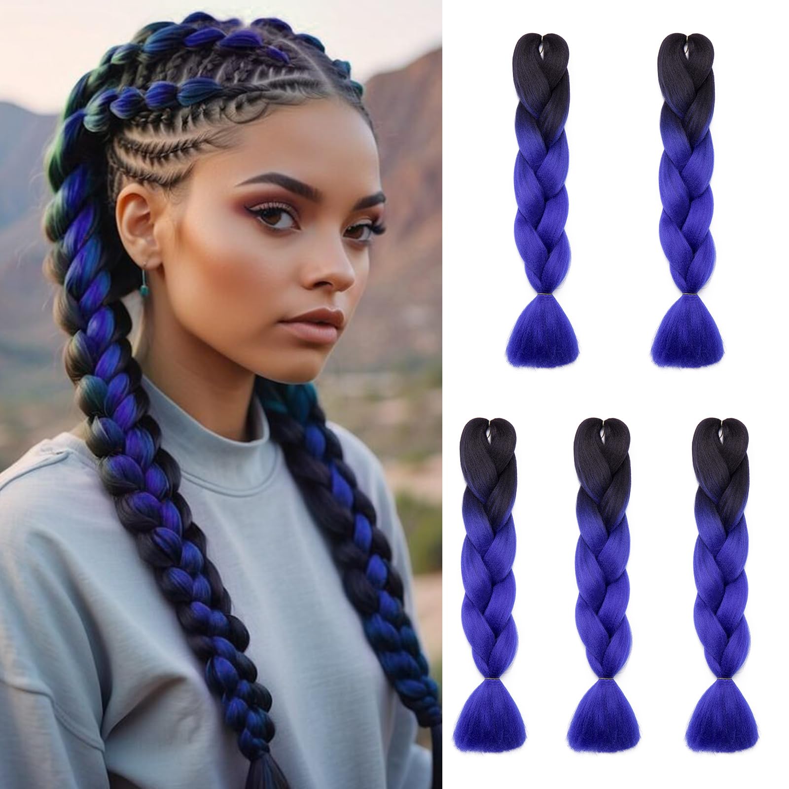 Silk-co 5Bundles 24inch Jumbo Braiding Hair Extensions Afro Box Braids Ombre Synthetic Weaving Hair -Black-Dark Blue