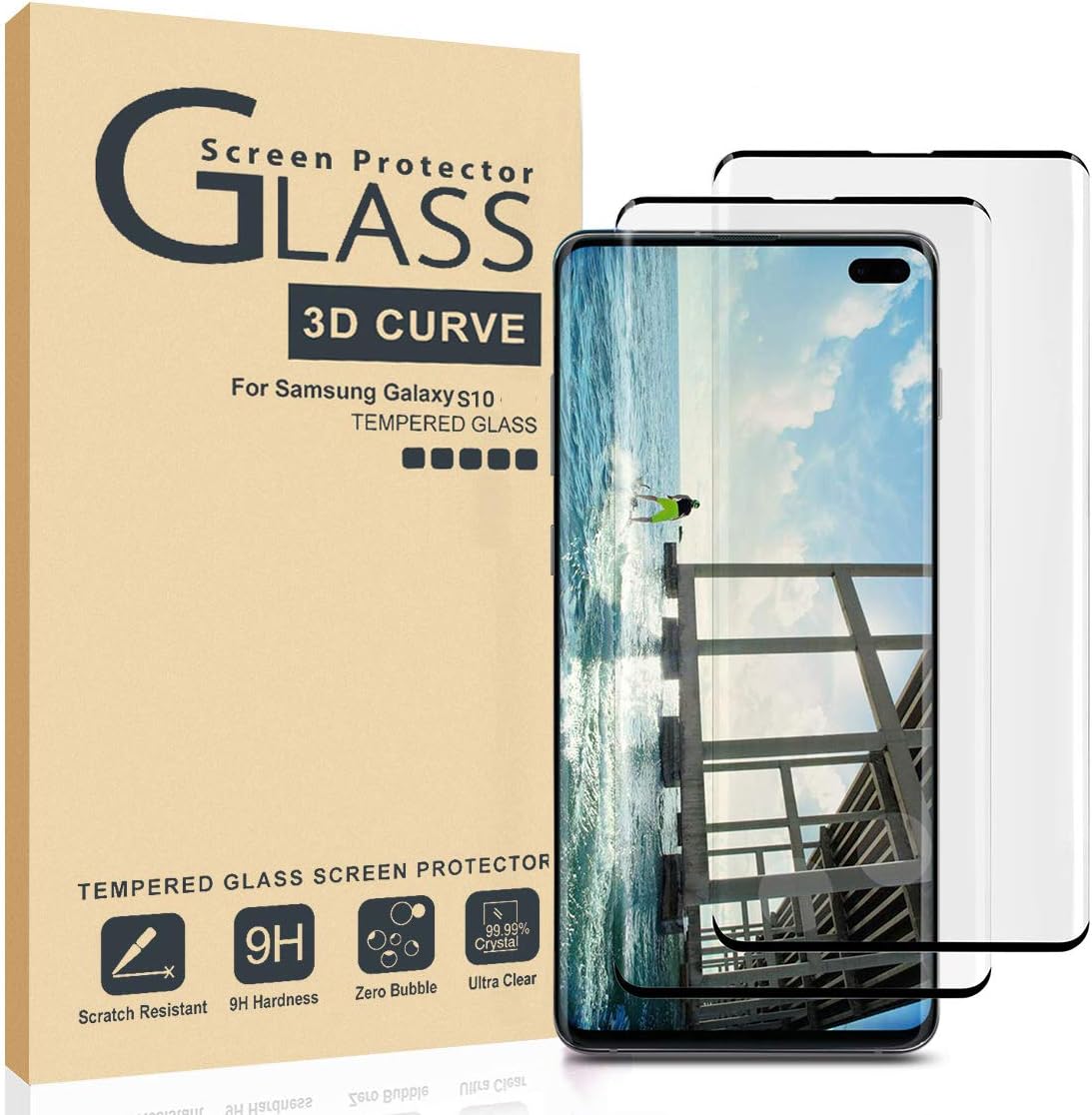 AILIBOTE Glass Screen Protector for Samsung Galaxy S10,[2 Pack] 3D Curved Tempered Glass, Dot Matrix with Easy Installation Tray, Case Friendly(Black.)