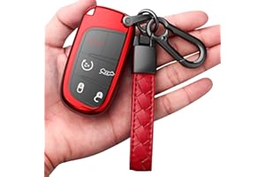 AUTOPHONE Compatible with Jeep Key Fob Cover with Leather Keychain Soft TPU Protection Key Case for Grand Cherokee Renegade Chrysler 200 300 Dodge RAM Durango Challenger Journey Dart Fiat Smart Key,Red