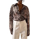 Floerns Women's Snake Print Button Down Shirts Collared Long Sleeve Going Out Blouse Tops