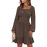 ANRABESS Womens Dress Long Lantern Sleeve Square Neck Elastic Waist Ruffle Flowy Swing A-Line Short Dresses 2025 Fall Fashion