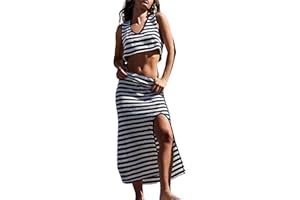 Watashi Two Piece Skirt Sets Outfits for Women Summer Sleeveless Knitted Sweater Striped Maxi Skirt and Tank Set