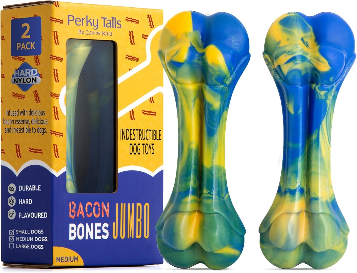 Perky Tails – Almost Indestructible Dog Toys for Small Dogs – Plastic Dog Toys for Aggressive Chewers, Made from Hard Nylon with Delicious Bacon Flavour, 2-Pack