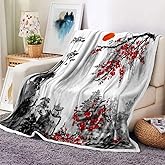 DYNH Japanese Cherry Blossom Blanket, Asian Japanese Wave Kanagawa Throw Flannel Blankets for Couch & Bed, Asian Anime Mount Red Sun Plush Cozy Fuzzy Travel Blanket 50" x 60"