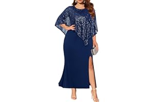 PINUP FASHION Plus Size Formal Dress - Wedding Guest Long Evening Cocktail Mermaid Dress with Sequin Overlay Cape