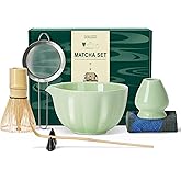 Renmxj Matcha Whisk Set,7 PCS Ceramic Matcha Kit Includes Matcha Bowl with Spout, Matcha Whisk and Holder, Bamboo Scoop, Stainless Sifter, Tea Towel, Unique Gift for Matcha Lovers (Green)