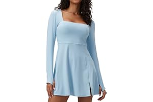 SUHK ASANA Square Neck Long Sleeves Tennis Dress Casual One Piece Exercise Dress with Built-in Bra