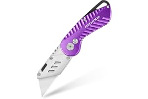 FantastiCAR Folding Utility Knife, Quick Blade Change Box Cutter, Anti-slip Metal Body, with Safety Lock and 5 Extra Blades (Retro Purple)