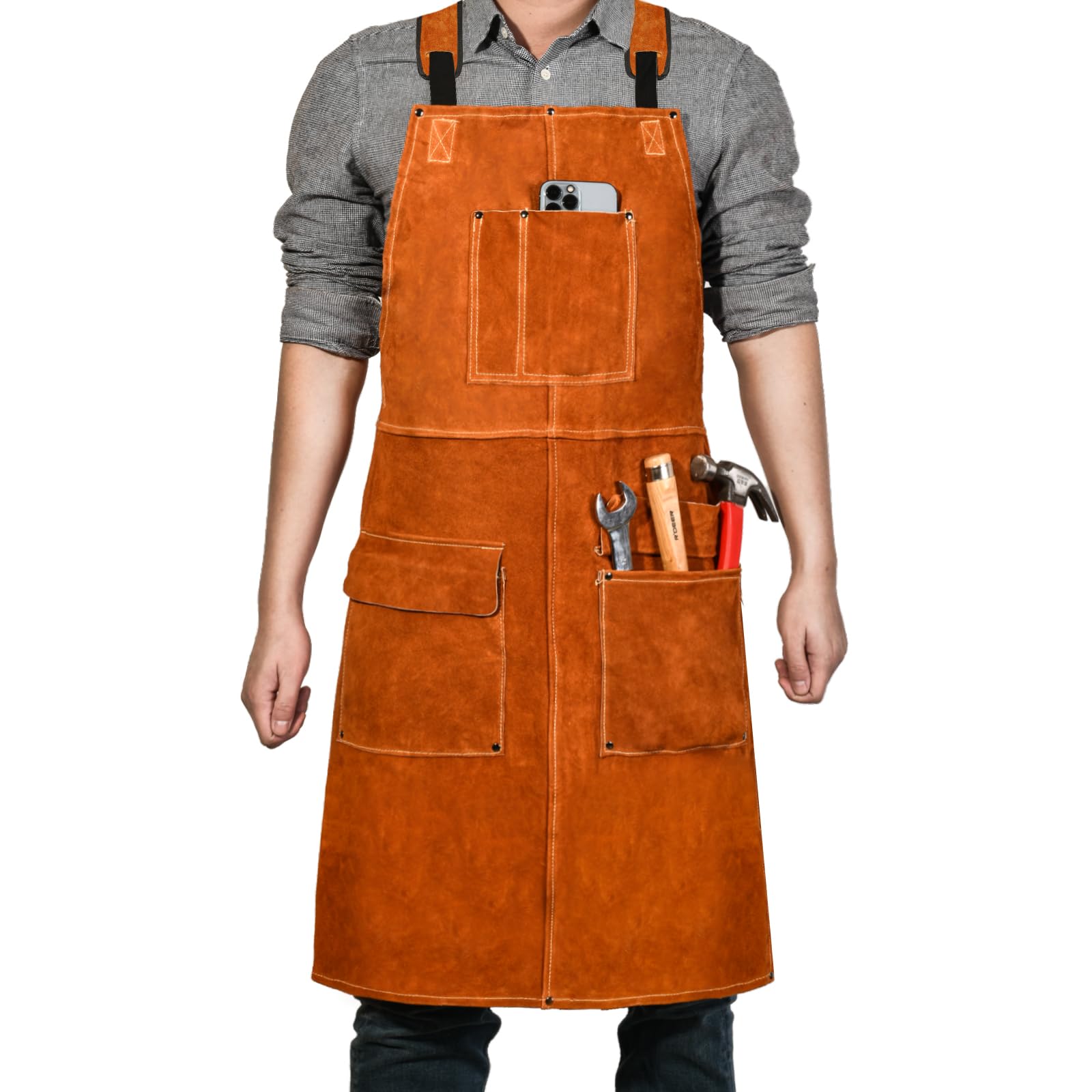 Leather Welding Work Apron - Heat Resistant & Flame Resistant Bib Apron, Flame Retardant Heavy Duty BBQ Apron, Adjustable One Size Fit Most