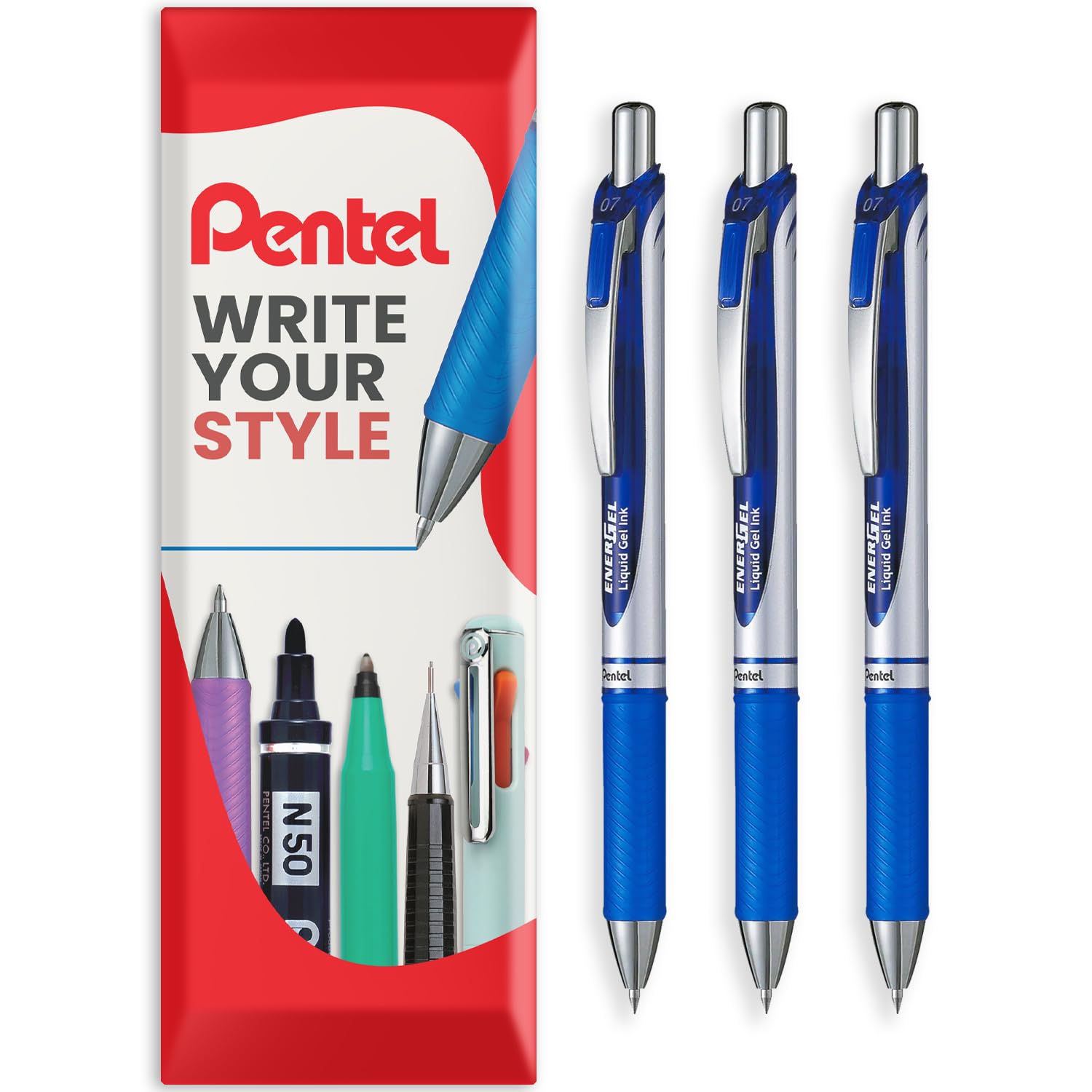 Pentel EnerGel XM BL77 - Retractable Liquid Gel Ink Pen - 0.7mm - 54% Recycled - In Envelope Gift Packaging - Blue - Pack of 3
