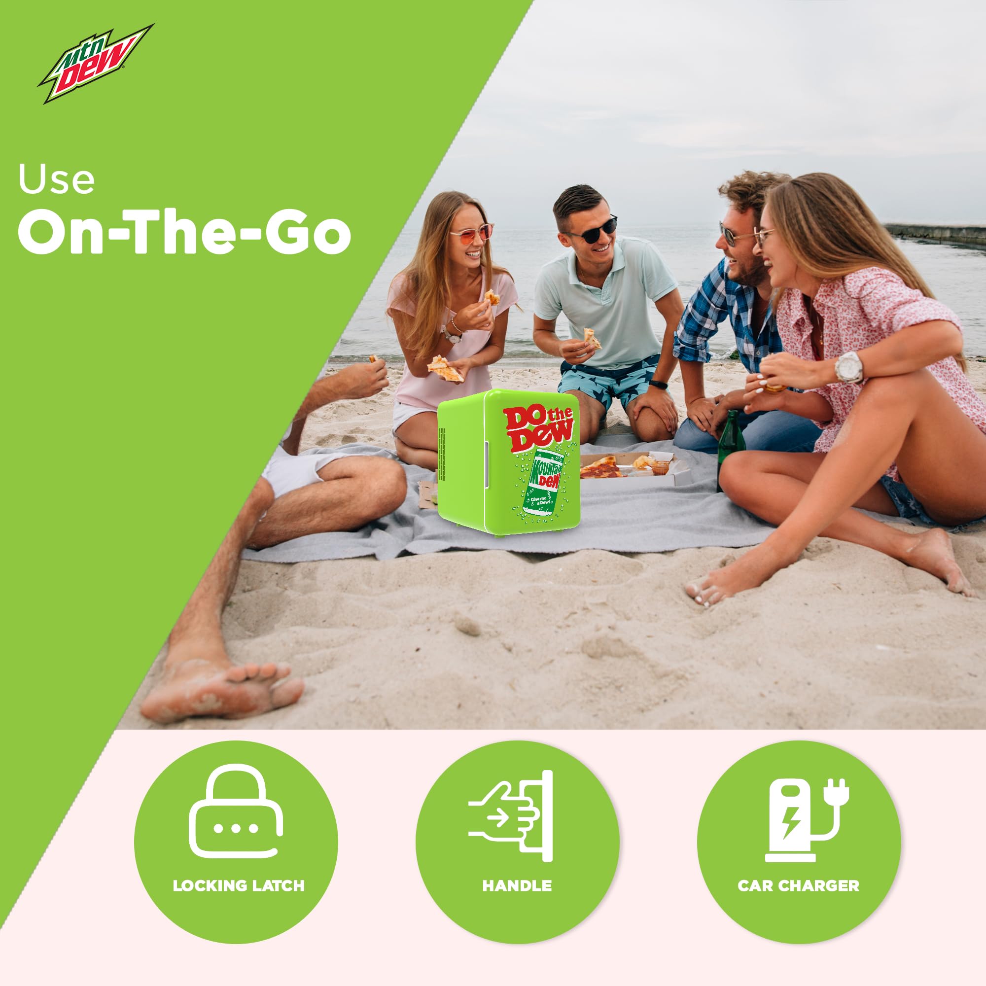 CURTIS MIS151MD Mountain Dew Retro, Mini Portable Compact Personal Fridge Cooler, 4 Liter Capacity Chills Six 12 oz Cans, 100% Freon-Free & Eco Friendly, 6, White/Green