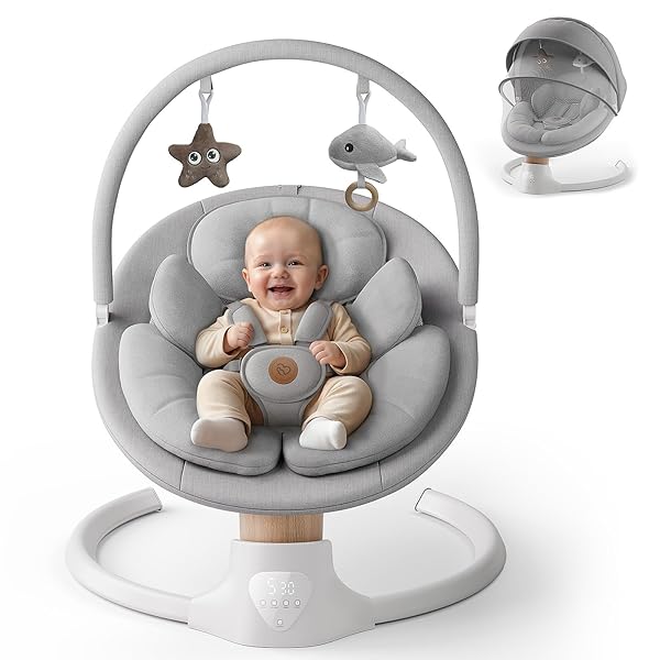 BABY SWINGS FOR INFANTS, FASONBABY ELECTRIC BABY SWING WITH MUSIC SPEAKER, 5 SPEEDS, REMOTE CONTROL AND BLUETOOTH – PORTABLE INFANT SWING FOR INDOOR AND OUTDOOR (GRAY)