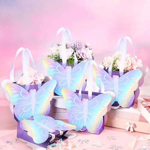 12 Pcs Holographic Butterfly Goodie Bags - Iridescent Purple Party Favor Bags For Birthdays & Showers