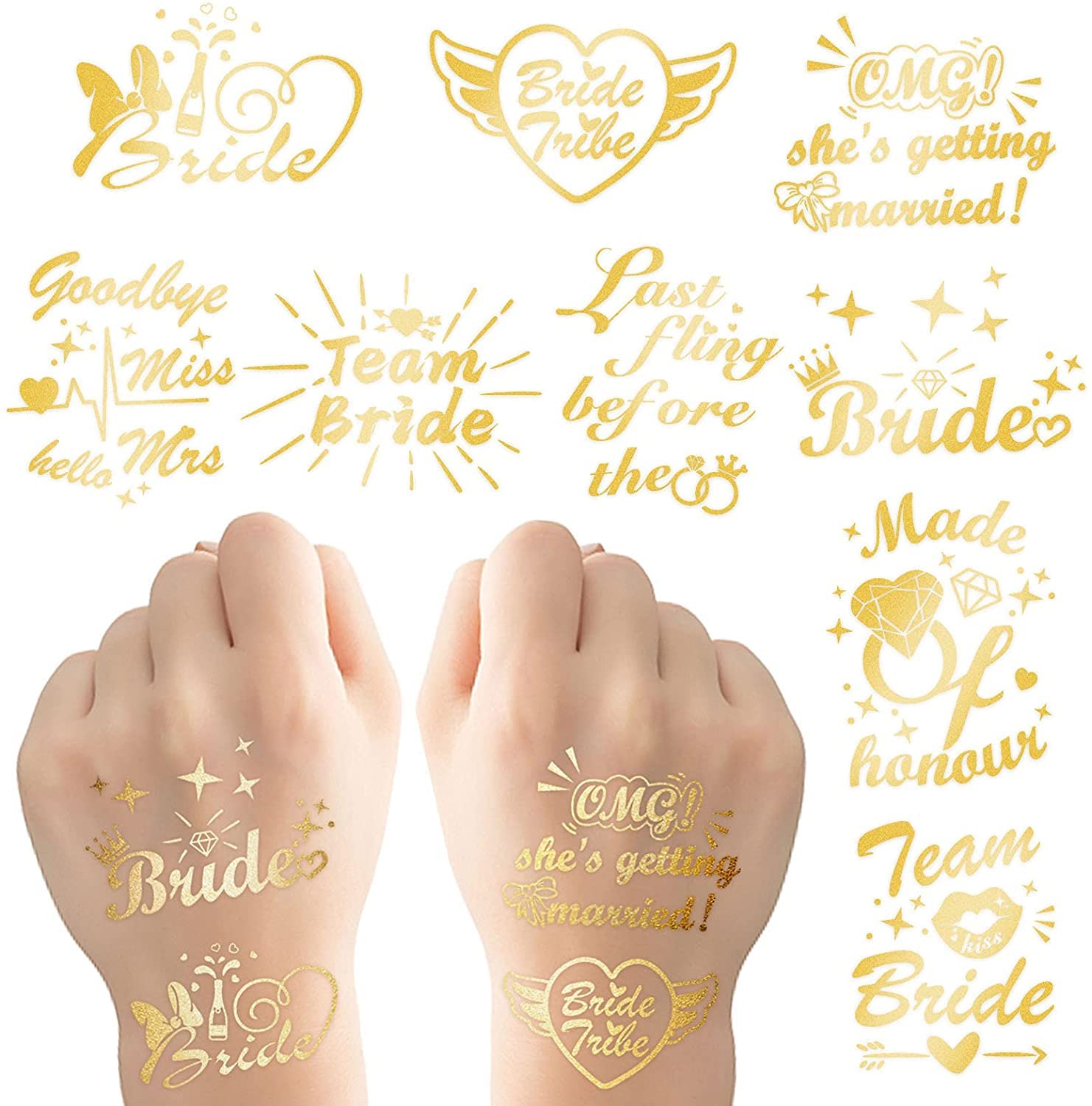 HOWAF Hen Party Temporary Tattoos - Pack of 27 Gold Team Bride, Bride & Bridesmaid Tattoos for Hen Do, Wedding & Bridal Shower Accessories