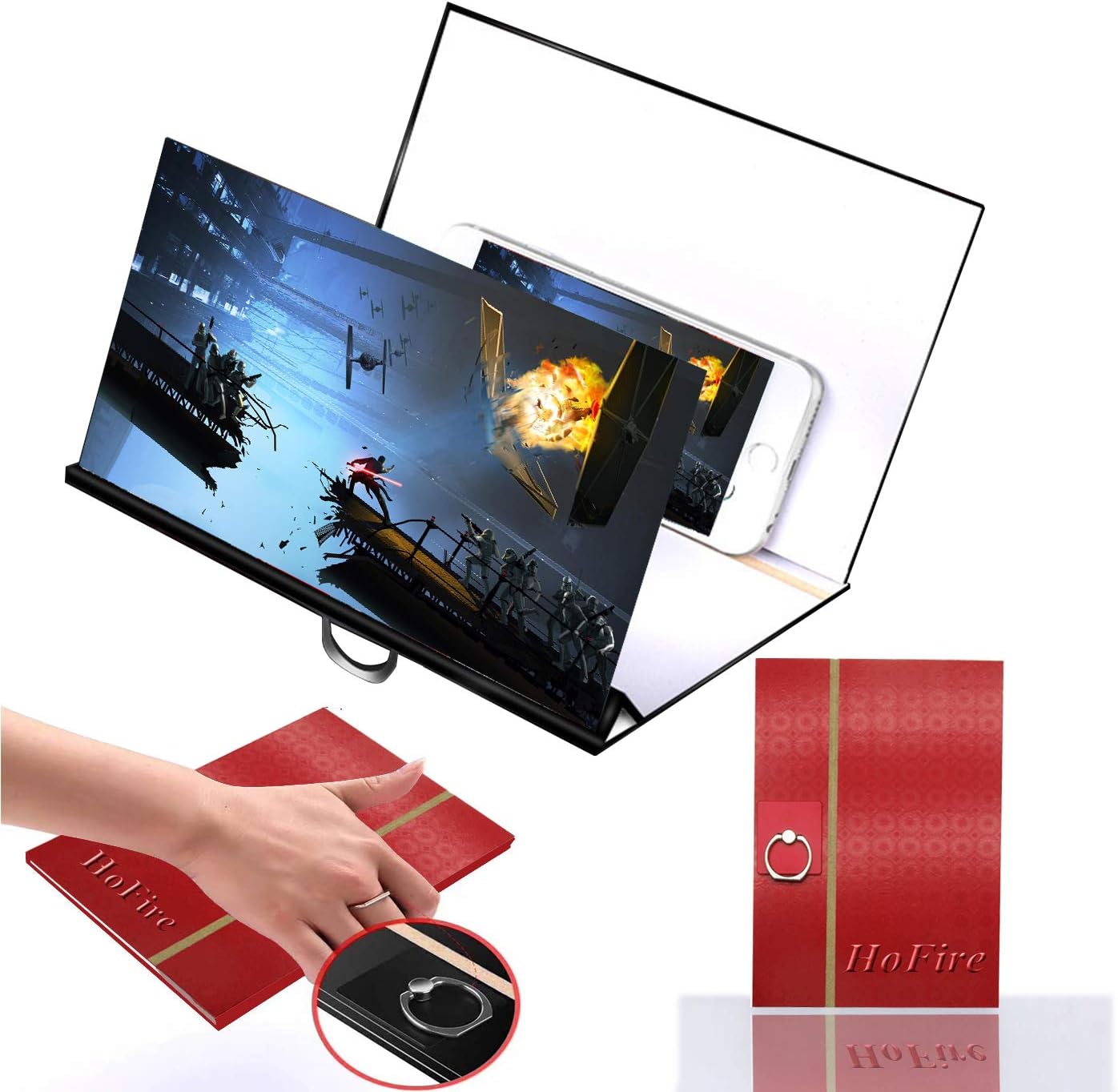 [Upgrade Newest] Screen Magnifier,HoFire Cell Phone 3D HD Movie Video Amplifier with Foldable Holder Stand for iPhone X / 8/8 Plus / 7/7Plus and All Other Smart Phones(Red)