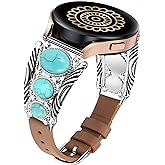 Minyee Leather Band Compatible with Samsung Galaxy Watch 7/6/5/4/FE/Active 2 40mm 44mm/Watch 6 Classic 43mm 47mm/Watch 5 Pro 45mm Band Women, Western Turquoise Boho Vintage Jewelry 20mm Watch Strap