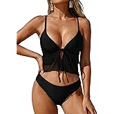 ZAFUL Womens Mesh Tankini Swimsuits Flowy Two Piece Bathing Suit V Neck Layered Ruffle Tie Front High Cut Cheeky Swimwear