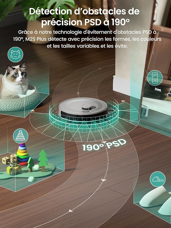 M2S Plus Aspirateur Robot avec Station, 10000 Pa d'Aspiration, Aspiration Automatique, Évite Obstacles, Auto-Charge Autonomie 240 Min, Poils d’Animaux, Tapis et Sols Durs, Alexa/App/WiFi, Gris