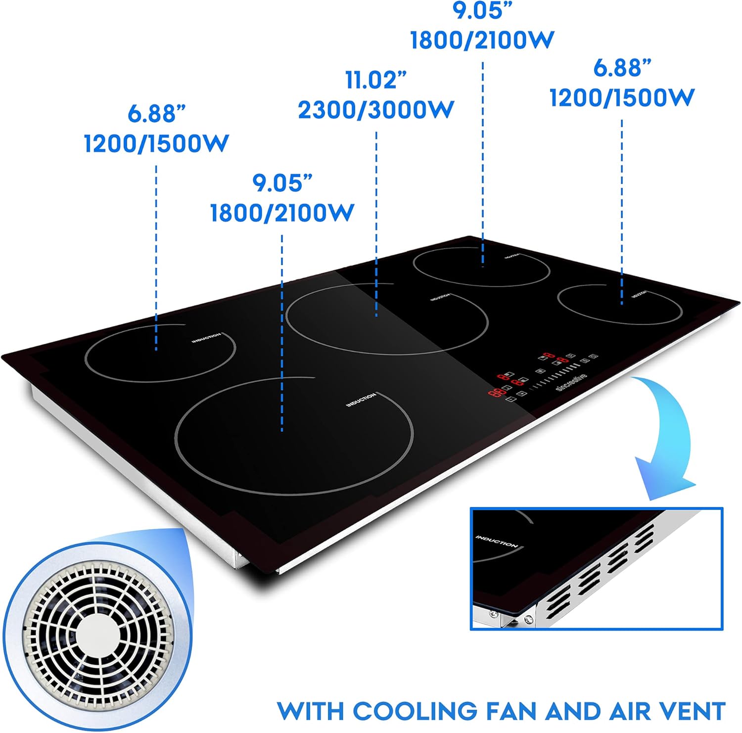 36 Inch Induction Cooktop, Electric Cooktop with 5 Burners Drop-in Electric Stovetop 240V Smoothtop Ceramic Glass Induction Burner with Timer, Kids Lock, 9 Heating Level, ETL & FCC Certificated: Appliances