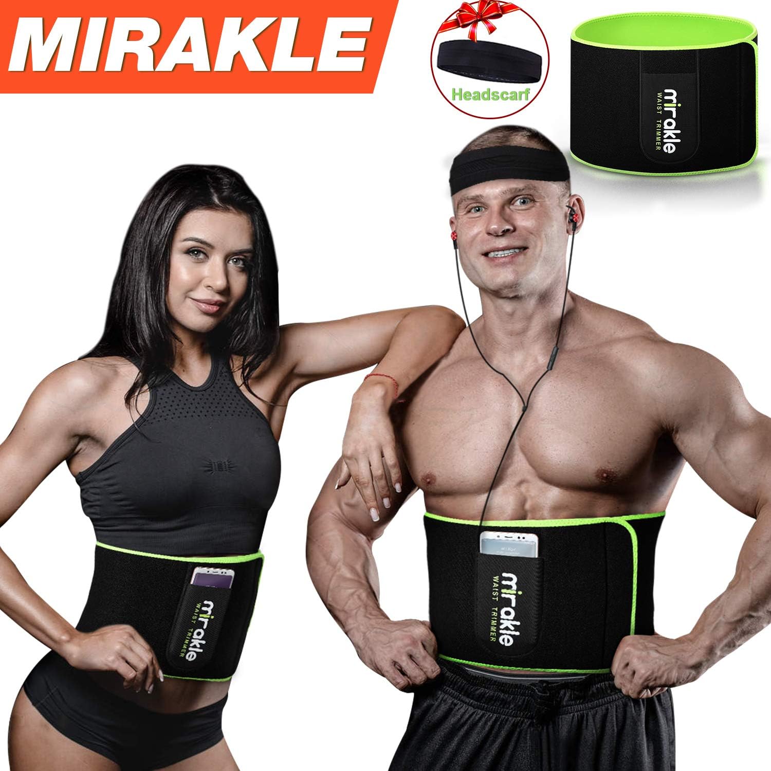 Mirakle Waist Trimmer, Weight Loss Waist Trainer Corset with Sports Headband, Sauna Slimming Belt for Men & Women Daily Use, Adjustable Waist Cincher Shaper Belt for Exercise, Running, Workout, Yoga