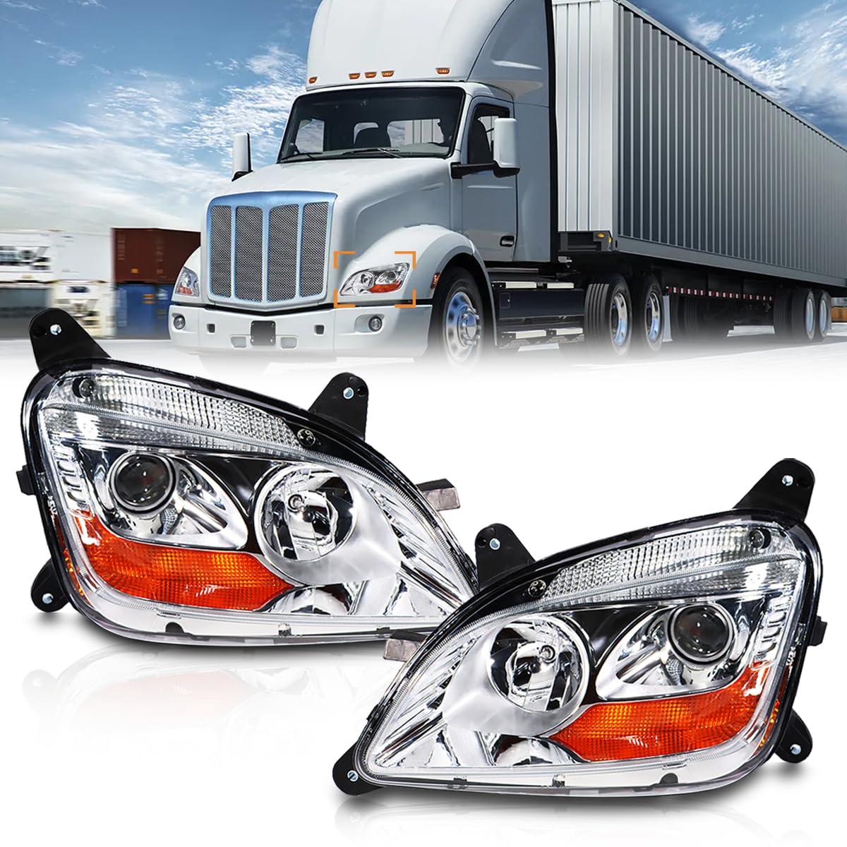Photo 1 of ** NEW ** Hpdmauto Fit for 2011-2023 Peterbilt 579 587 Class 8 Truck Projector Headlight Headlamp Chrome Housing Assembly Replacement Pair/Set