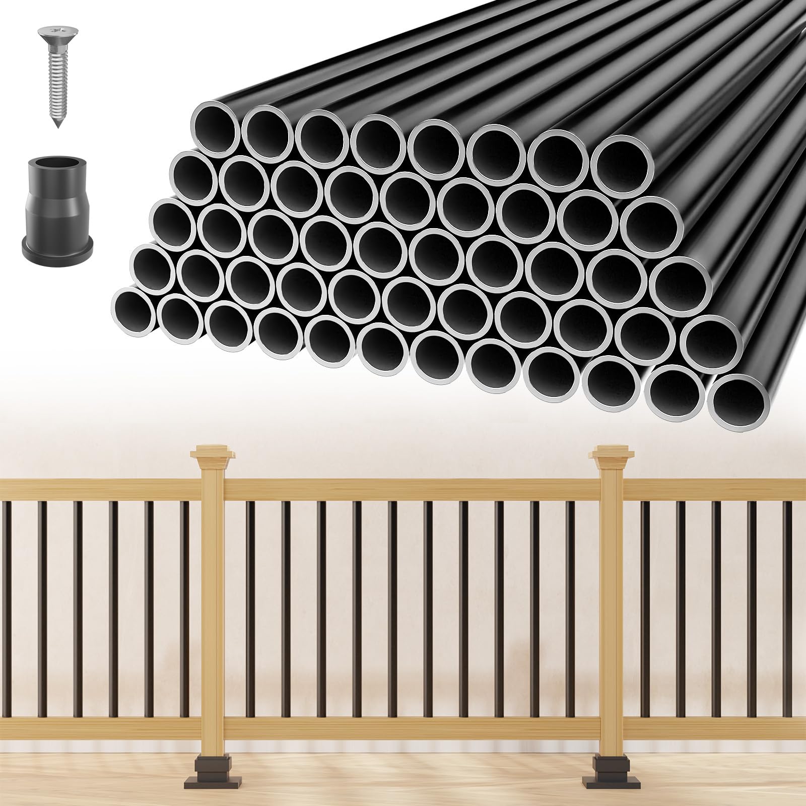Photo 1 of 100 Pack 36" Aluminum Deck Balusters, 3/4" Diameter Black Metal Deck Spindles with Connectors and Screws, Hollow Round Aluminum Deck Balusters for Deck Railing, Staircase, Porch, Patio, etc