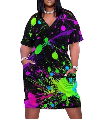 neon plus size dresses Glow in Dark Splatter Women's Dress V-Neck Casual Short Sleeve Loose Party Dresses : Clothing, Shoes & Jewelry Women's Maxi Dress Summer Storlek:Medium Strappy Dress _okendo:syndication_key:CL136318312