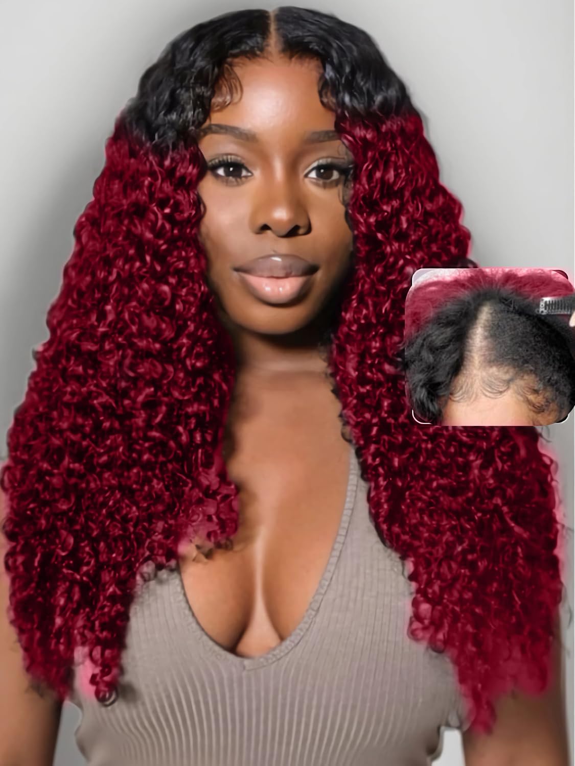 Ombre Curly V Part Wigs Human Hair No Leave Out Curly Human Hair Wig 1b/99j Burgundy Wig Human Hair Glueless V Part Human Hair Wigs 5x2.5 inch Lace Beginner Friendly 180% Density20inch