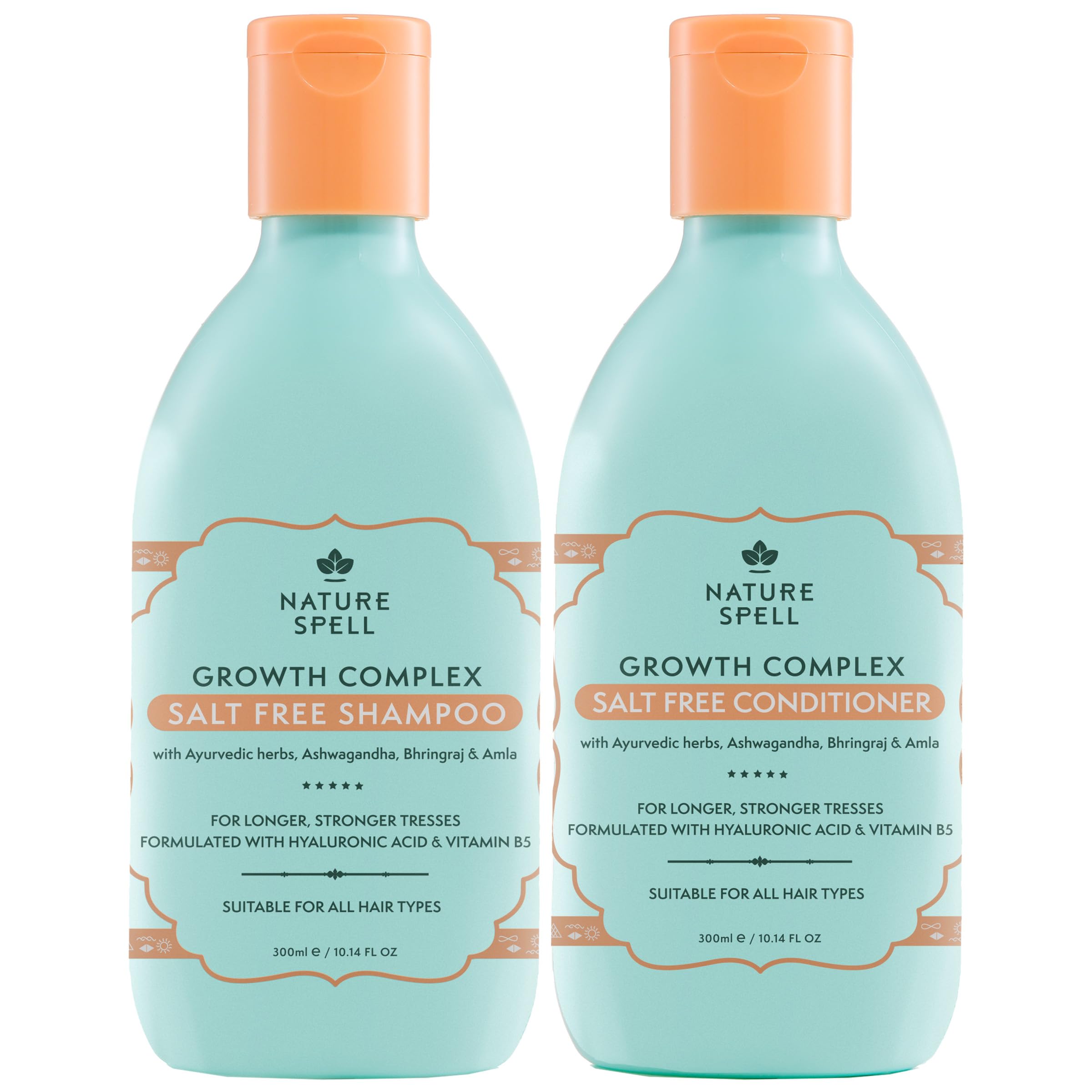 Nature Spell Hair Growth Complex Shampoo and Conditioner Set, Nourishing and Strengthening, Infused with Hyaluronic Acid and Vitamin B5, For All Hair Types, Vegan, Pack of 2, 300ml Each