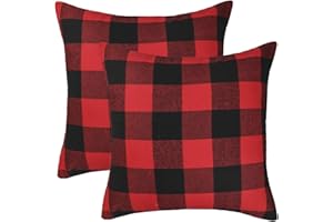 4TH Emotion Set of 2 Christmas Buffalo Check Plaid Throw Pillow Covers Cushion Case Polyester for Farmhouse Home Decor Red and Black, 18 x 18 Inches