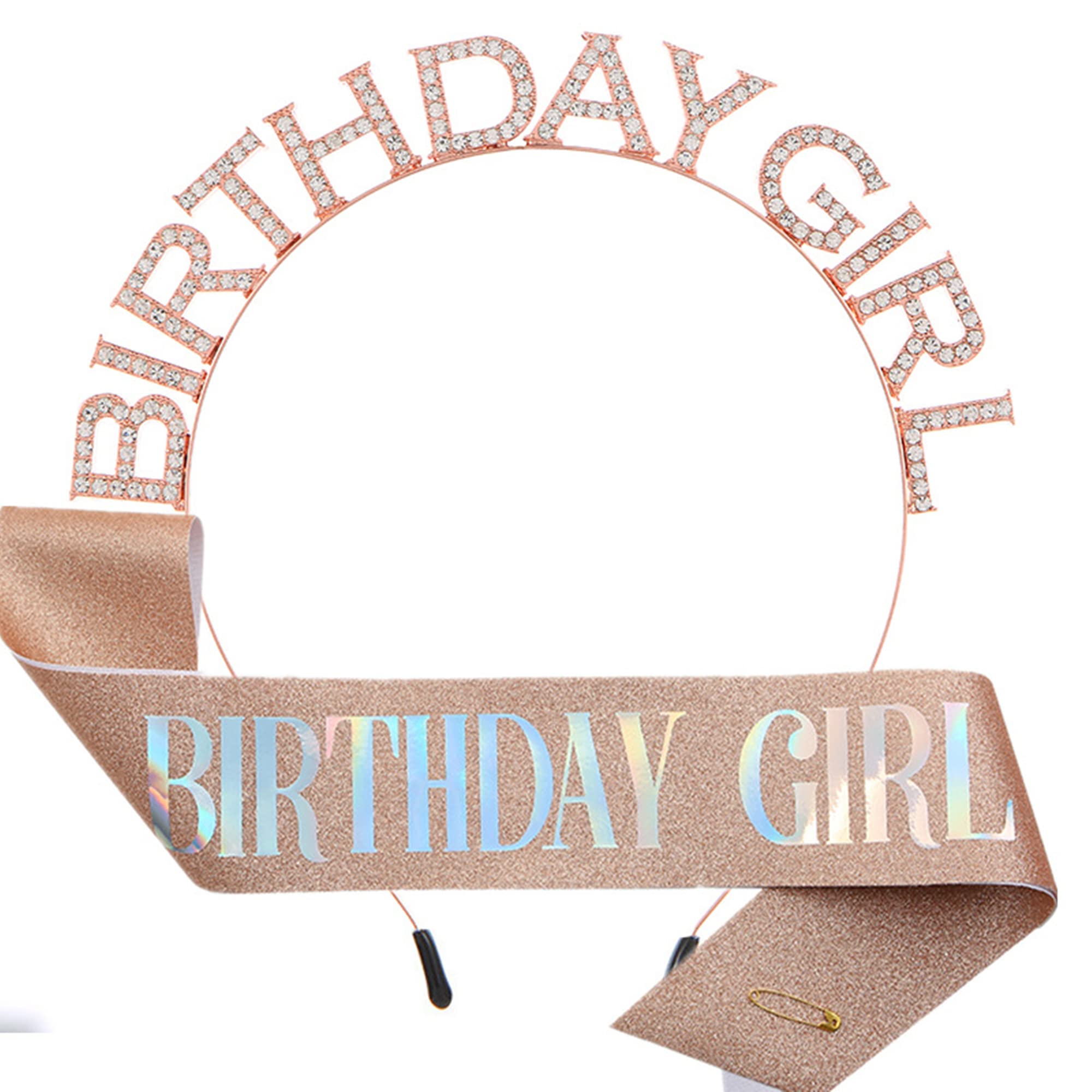 CHTENG Colorful Birthday Girl Sash and Tiara Rhinestone Crown Headband for Birthday Party Supplies (Rose Gold01)