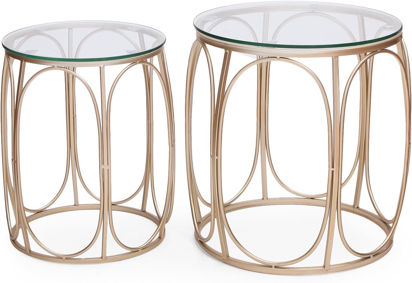 Adeco Round Nesting Accent Side Set of 2-Gold End Tables,: Furniture & Decor
