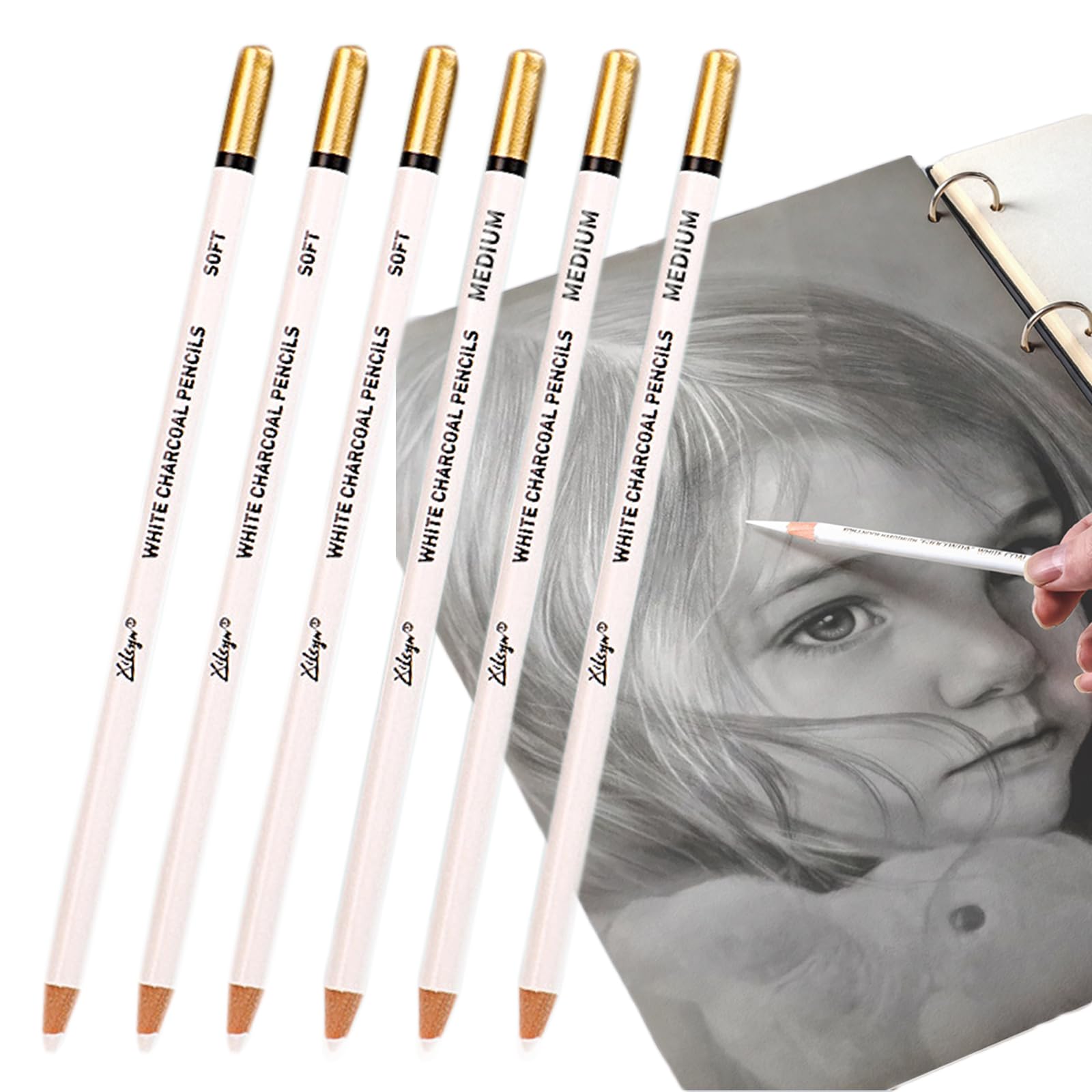 Ccomage 6Pcs Professional White Charcoal Pencils for Artists Drawing Set Soft & Medium-Hard Sketch Highlight White Pencils for Drawing Sketching Shading Blending Chalk Pencil Painting Art Supplies